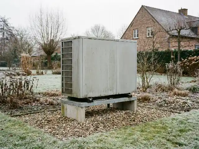 Buitenunit op een sokkel boven een grindbed in de winter